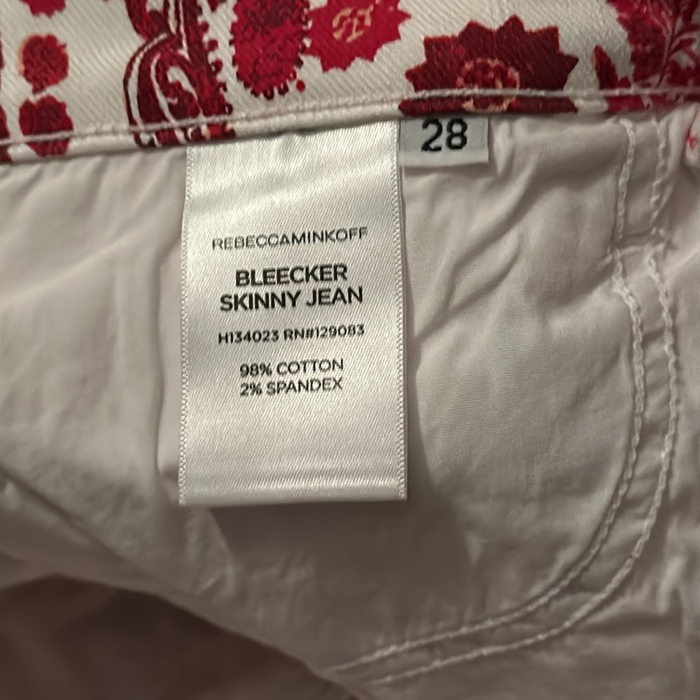 ❤️ Rebecca Minkoff Bleeker Skinny Red & White Paisley Bird Print Jeans Size 28 - Picture 7 of 8